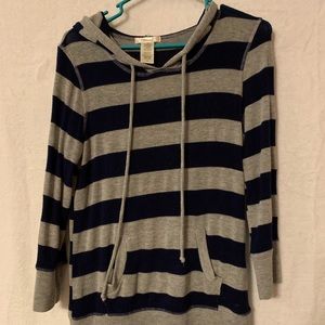 Navy and grey striped hooded sweater